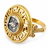 Athena Owl Coin Greek Key Ring with Greek Columns: Oxidized & Gold Filled Sterling Silver