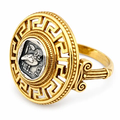 Athena Owl Coin Greek Key Ring with Greek Columns: Oxidized & Gold Filled Sterling Silver