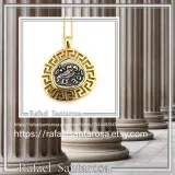 Athena Owl Coin Greek Key Pendant, Museum Jewelry: Oxidized & 18K Gold Filled Sterling Silver