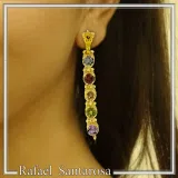18k Gold Byzantine Filigree Multi Gemstone Dangle Beaded Earrings: Multi Coloured Natural Gems