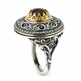 Genuine Red Garnet Byzantine Hand Sculptured Ring: Sterling Silver Oxidized and 18K Gold Filled