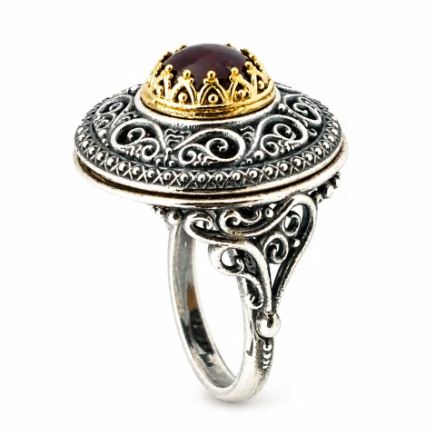 Genuine Red Garnet Byzantine Hand Sculptured Ring: Sterling Silver Oxidized and 18K Gold Filled