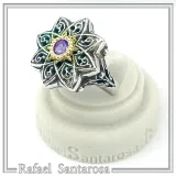 Natural African Amethyst Byzantine Ring: Oxidized Silver & 18k Gold Filled Filigree Bezel