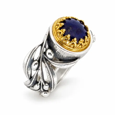 Natural Lapis or Pearl Floral Olive Branch Ring: Oxidized Sterling Silver Gold Filled Filigree