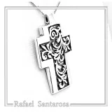 Boho Cross Necklace: Brutalist Floral Oxidized Sterling Silver Pendant