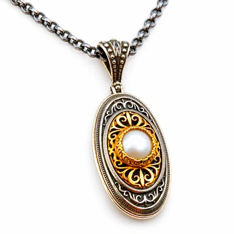 Natural Pearl on Byzantine Ornaments Pendant: Oxidized Sterling Silver and 18 Karat Gold Filled