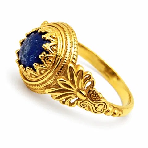 Natural Lapis Lazuli Greek Museum Ring: Handmade Filigree antefix 18K Gold-Filled Sterling Silver