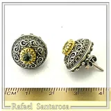 Byzantine Filigree Genuine Blue Topaz Stud Earrings: Oxidised & 18K Gold Filled Sterling Silver