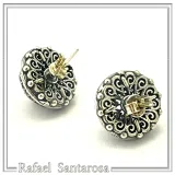 Byzantine Filigree Genuine Blue Topaz Stud Earrings: Oxidised & 18K Gold Filled Sterling Silver