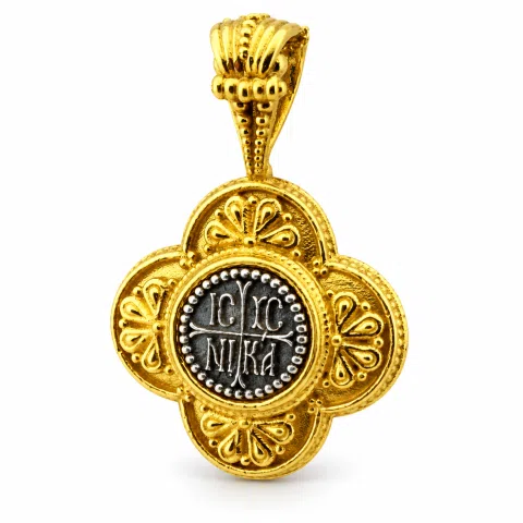 ICXC NIKA Cross Prayer Talisman Pendant: Byzantine Constantinato Gold Filled & Oxidized Sterling Silver