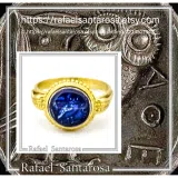 Athena Owl Coin Tetradrachm Ring: Blue Transparent Enamel on 18K Gold-Filled Filigree Sterling Silver