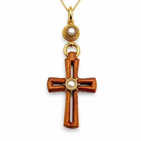 Byzantine Cross Pendant Sterling Silver Gold Filled Mahogany Wood Freshwater Pearl Necklace