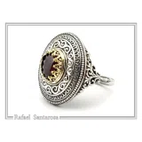 Dark Red Genuine Garnet Byzantine Style Ring: Oxidized Sterling Silver & 18K Gold Filled Bezel