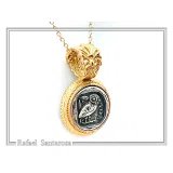Athena Owl Tetradrachm Coin Antefix Pendant: Sterling Silver oxidised on 18K Gold-Filled Filigree Base