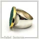 Minoan Sacred Scene Ring, Oxidised Copper, 14K Gold Bezel, Sterling Silver Band