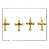 18K Solid Gold Natural Brilliant Cut Sky Blue Topaz Byzantine Filigree Cross Pendant