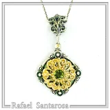 Genuine Peridot Gemstone Filigree Necklace: Sterling Silver Oxidised & Gold Filled Byzantine Pendant