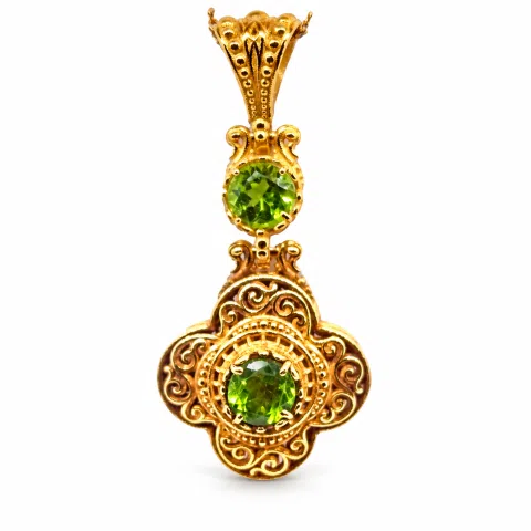 Byzantine Cross Pendant Sterling Silver 18k Gold Filled Peridot 5mm Gemstone Brilliant Cut Necklace