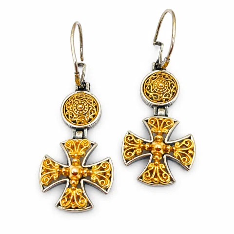 Byzantine religious statement handmade cross earrings, sterling silver 18K gold filled