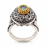 Sterling Silver Ring, 18K Gold Filled Filigree Bezel and 5mm Natural Sky-Blue Topaz
