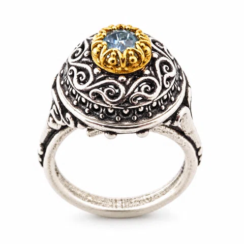 Sterling Silver Ring, 18K Gold Filled Filigree Bezel and 5mm Natural Sky-Blue Topaz