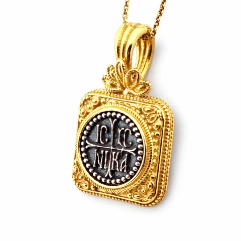 ICXC NIKA Christogram Byzantine prayer Necklace: Oxidized Sterling Silver and Gold filled Pendant