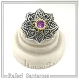 Natural African Amethyst Byzantine Ring: Oxidized Silver & 18k Gold Filled Filigree Bezel