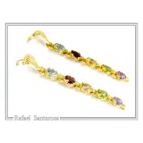 18k Gold Byzantine Filigree Multi Gemstone Dangle Beaded Earrings: Multi Coloured Natural Gems