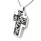 Boho Cross Necklace: Brutalist Floral Oxidized Sterling Silver Pendant