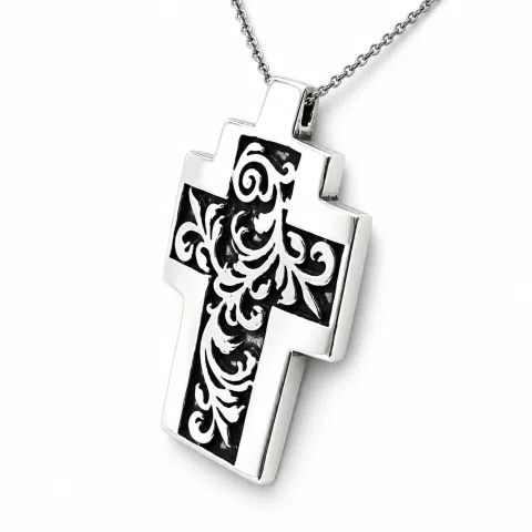 Boho Cross Necklace: Brutalist Floral Oxidized Sterling Silver Pendant