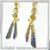 Art Nouveau Dragonfly feather Sterling Silver Earrings Gold Filled Blue Enamel Sky Blue Topaz Handmade Jewelry