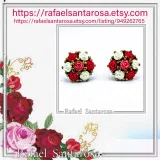 Floral Rose Flowers Shaped Alabaster Gems Stud Earrings: Bouquet of roses Silver Earrings
