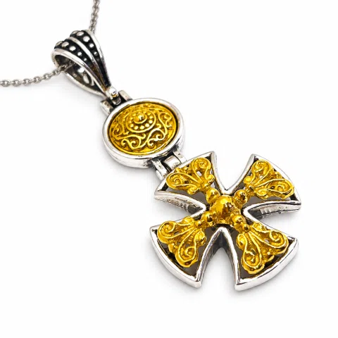 Byzantine Cross Necklace Sterling Silver Oxidized & 18K Gold Filled Handmade Pendant, Medieval Christian Jewelry