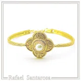 Byzantine Cross Pearl Filigree Bangle Bracelet: 18K Gold Filled Sterling Silver