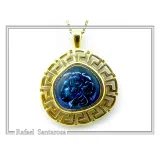 Alexander the Macedon coin silver necklace with Greek key 18k gold filled & sky-blue enamel.