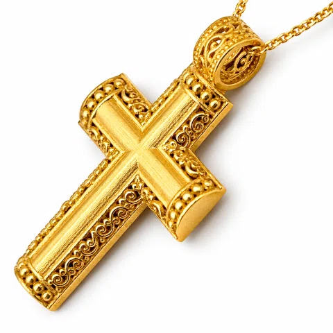 Byzantine Filigree Orthodox Christian Religious Baptism Cross Pendant 18K Solid Gold Cross