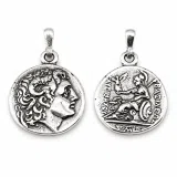 Ancient Greek sterling silver tetradrachm pendant with deified Alexander the Macedon, Lysimachus coin museum replica