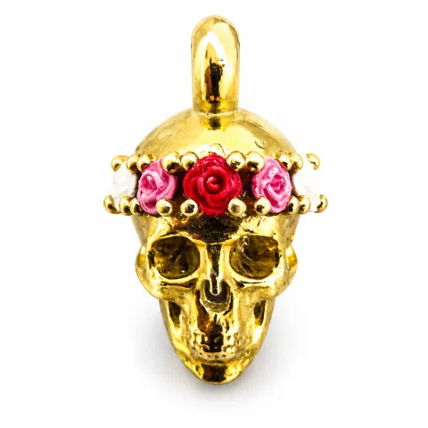 Skull With Rose Flowers Wreath Gothic Necklace: Sterling Silver 18K Gold Filled Pendant