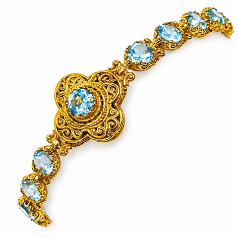 18K Gold Beaded Bracelet Handcrafted Byzantine Cross Filigree: Natural Genuine Sky-Blue Topaz Gemstones