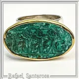 Minoan Sacred Scene Ring, Oxidised Copper, 14K Gold Bezel, Sterling Silver Band
