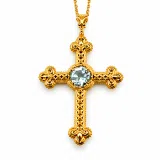 18K Solid Gold Natural Brilliant Cut Sky Blue Topaz Byzantine Filigree Cross Pendant