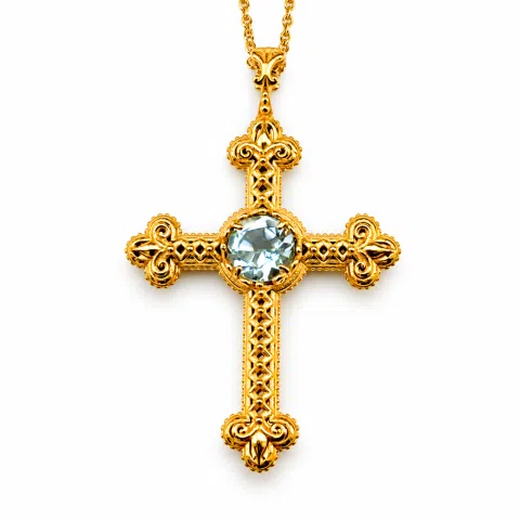 18K Solid Gold Natural Brilliant Cut Sky Blue Topaz Byzantine Filigree Cross Pendant