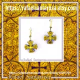 Byzantine Filigree Cross Dangle Drop Earrings: Sterling Silver, 18K Gold-Filled