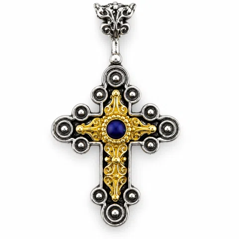 Natural Lapis Lazuli Byzantine Religious Cross: Oxidized Sterling Silver and 18K Gold Filled