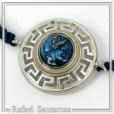 Sterling Silver Athena Promachos Bracelet Greek Key Tetradrachm Sky Blue Enamel Macrame Cord Viscose