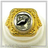 Tetradrachm Owl Coin Filigree Ring: Oxidized Silver Coin on 18K Gold Filled, Museum Replicas