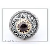 Genuine Red Garnet Byzantine Hand Sculptured Ring: Sterling Silver Oxidized and 18K Gold Filled