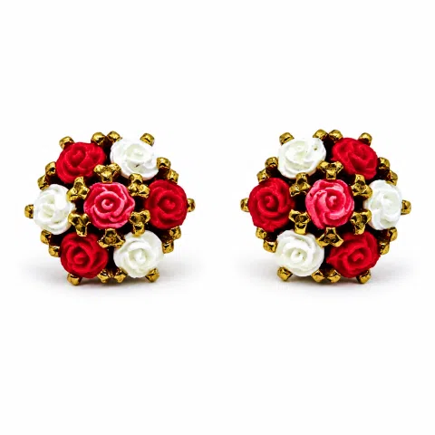 Floral Rose Flowers Shaped Alabaster Gems Stud Earrings: Bouquet of roses Silver Earrings