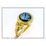 Athena Greek Goddess Head Coin Ring with Antefix Ornaments: Blue Enamel, 18K Gold-Filled Silver