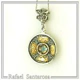 Natural Sky-Blue Topaz Cross Pendant: Sterling Silver 18K Gold Filled Byzantine Filigree